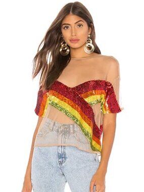 NBD Mireya Rainbow Sequin Top 🌈✨ | Revolve Sheer Mesh Statement Blouse (S)
